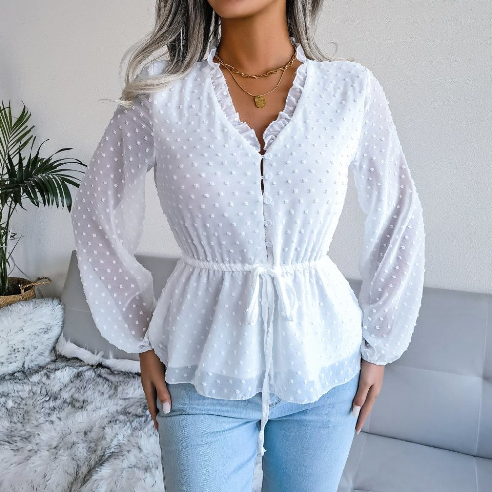 White Long Sleeve Peplum Blouse with Tie Front